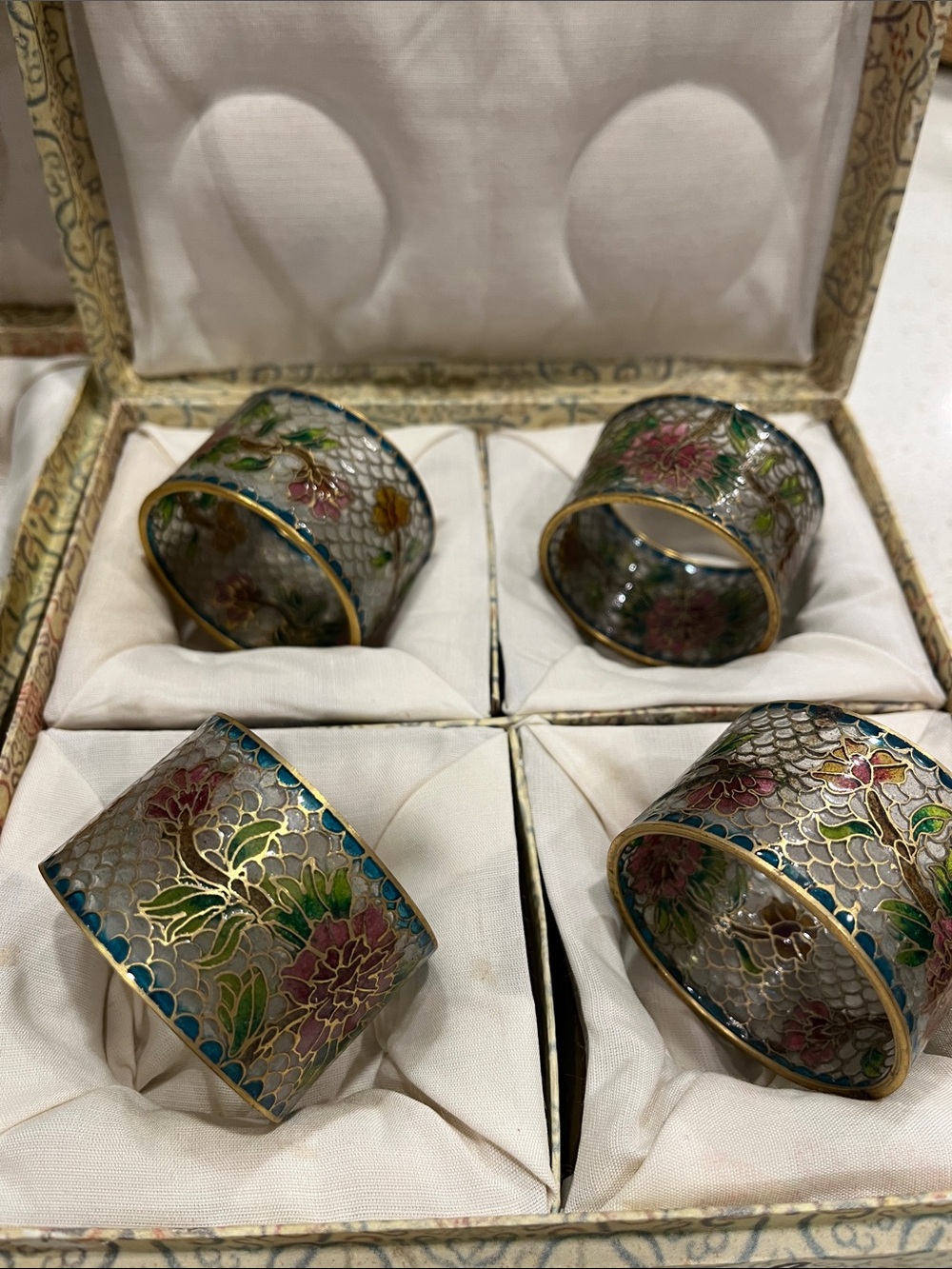 Hand-Painted Floral Cloisonné Napkin Rings - Green, Pink, Gold (Set of 8)